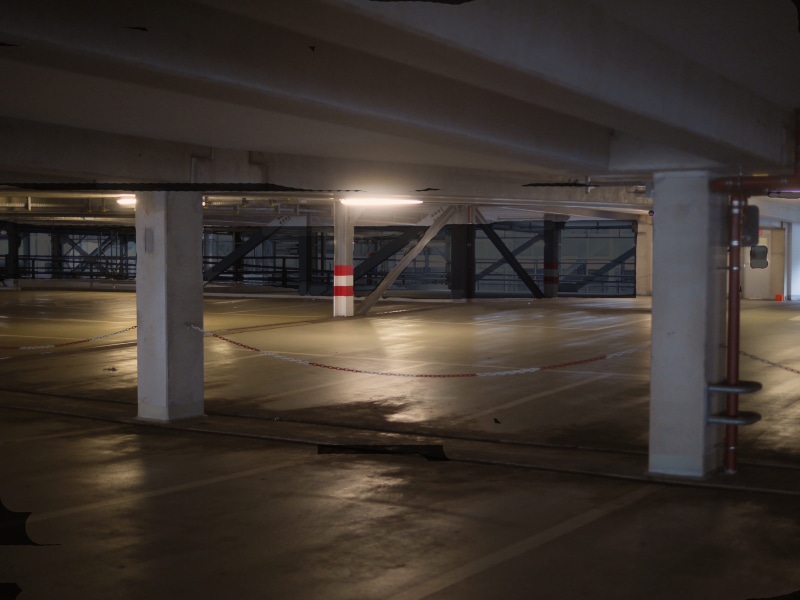 bleak, autos, cement, parking lot, basement, architectural column, Empty, parking garage, weird, fear, illuminated, 4K, architecture, concrete, built structure