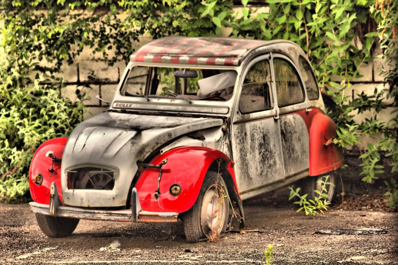 2cv, cv, stationary, land, red, old-fashioned, run-down, metal, plants, damaged, citroen, headlight, dolly, vintage, auto, land Vehicle, old, scrap, transportation