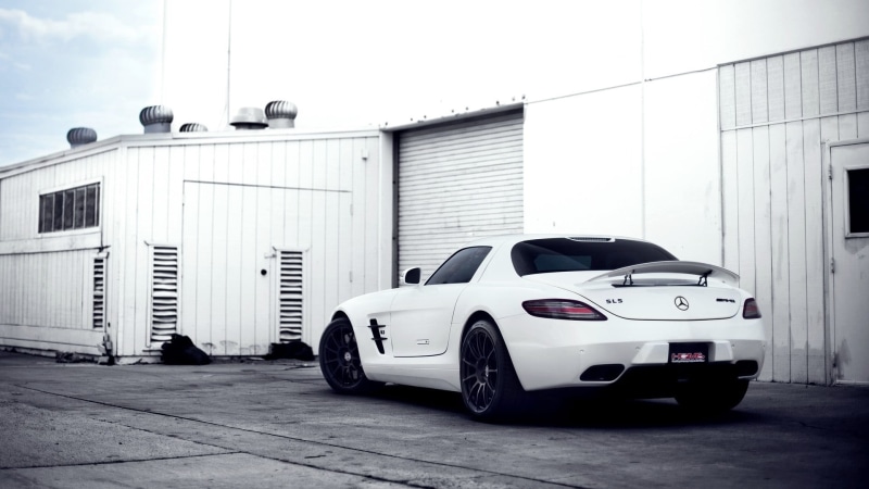 supercars, sky, land vehicle, white cars, street, building exterior, garage, city, outdoors, built structure, no people, mercedes, day, car, 1080P, stationary