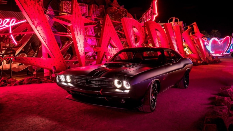 land vehicle, custom car, nightlife, dodge, no people, vintage car, dodge challenger, convertible, arts culture and entertainment, classic car, darkness