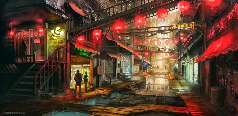 decoration, restaurant, night, video games, city, ceiling, outdoors, lantern, architecture, no people, direction, nightlife, illuminated, artwork, building