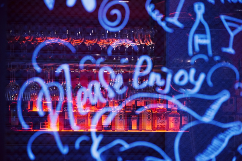 please, backgrounds, technology, number, bottle, light, signage, diner, night, bar, finance, blue, neon, celebration, neon reflection on window, glowing