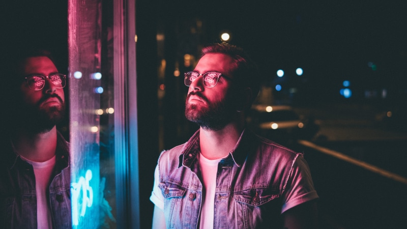 men, casual clothing, adult, glass, city, contemplation, illuminated, light, headshot, one person, neon, nightlife, twin, looking, flower, eyeglasses, lights