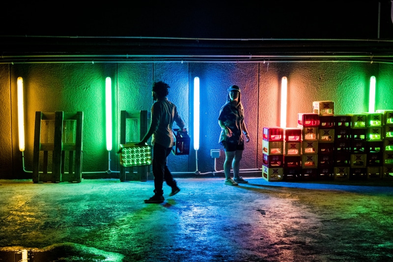 pipe, beer, men, standing, 4K, green, working, females, crate, night, tube, walking, city Life, group Of People, two, dark, color, light, adult, males