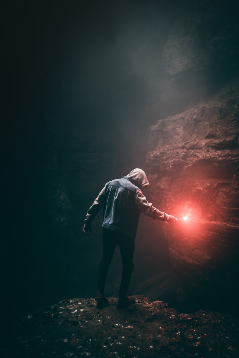 male, mystery, females, flare, model, adventure, silhouette, 5K, women, rock, back Lit, standing, man, night, blue, holding, person, cave, pose, stick