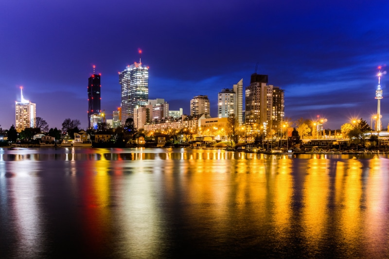 Lights, lighted, Alte, International  Center, UNO City, illuminated, Reflections, uSA, cityscape, Wien, body of water, water, reflection, near, river, Night