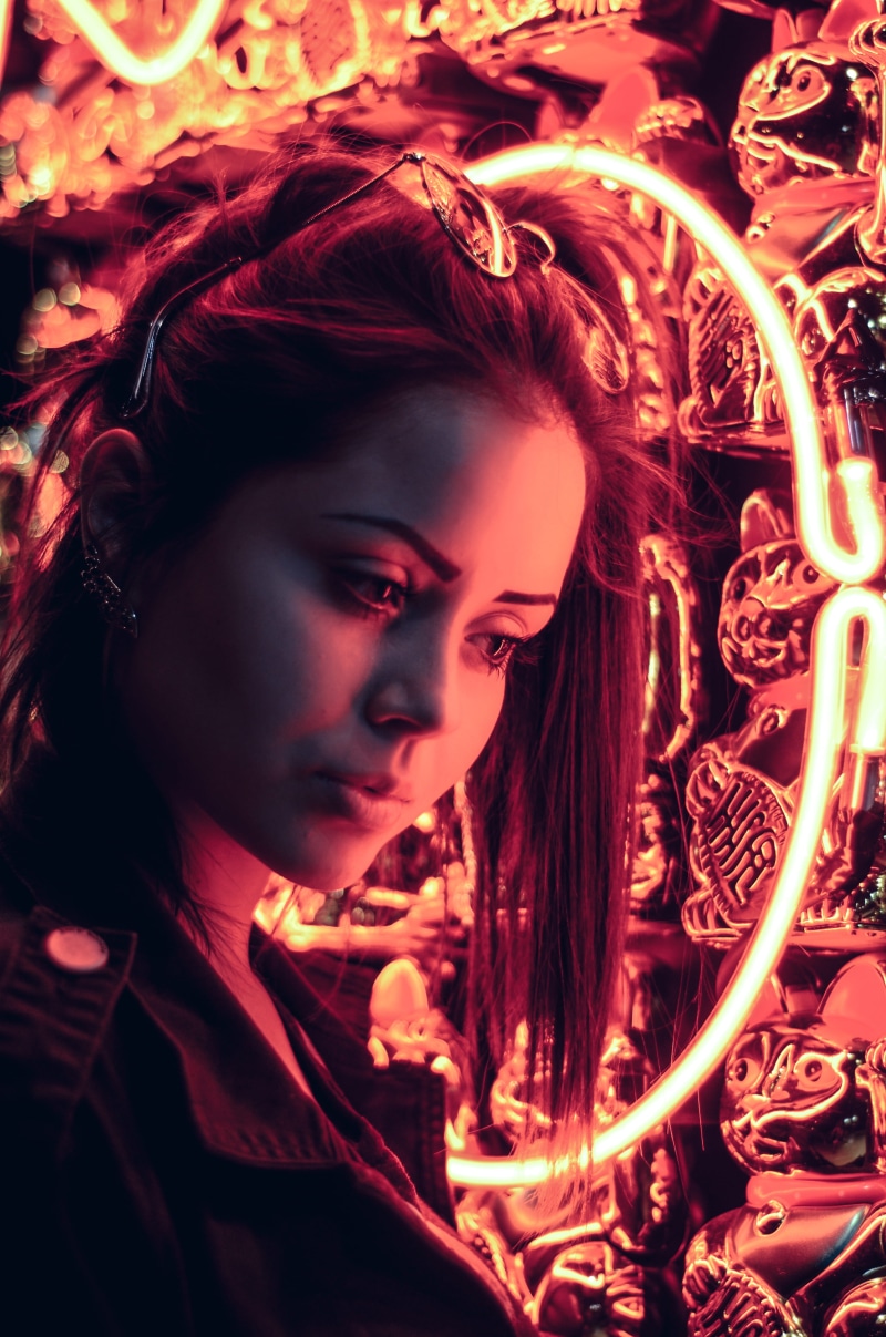 beauty, model, moody, lady, nightlife, beside, adult, hairstyle, caucasian, headshot, signage, sunglasses, light, brunette, hair, black, portrait, beautiful woman