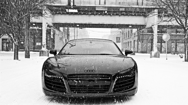 winter, audi r8, audi, r, snow, 1080P, front view, hd, white, black, black and white