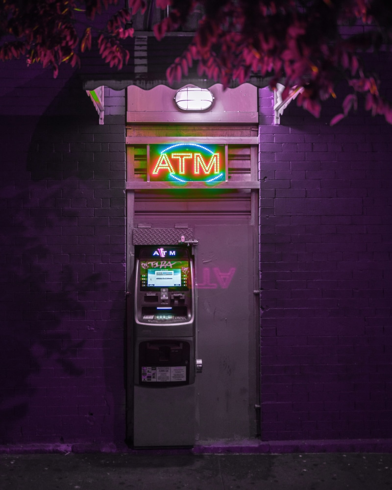 sidewalk, neon, wall, brick, bank, aTM, street, color Image, currency, money, outdoors, lighted, 2K, purple, withdraw, machinery, wealth, no People, light