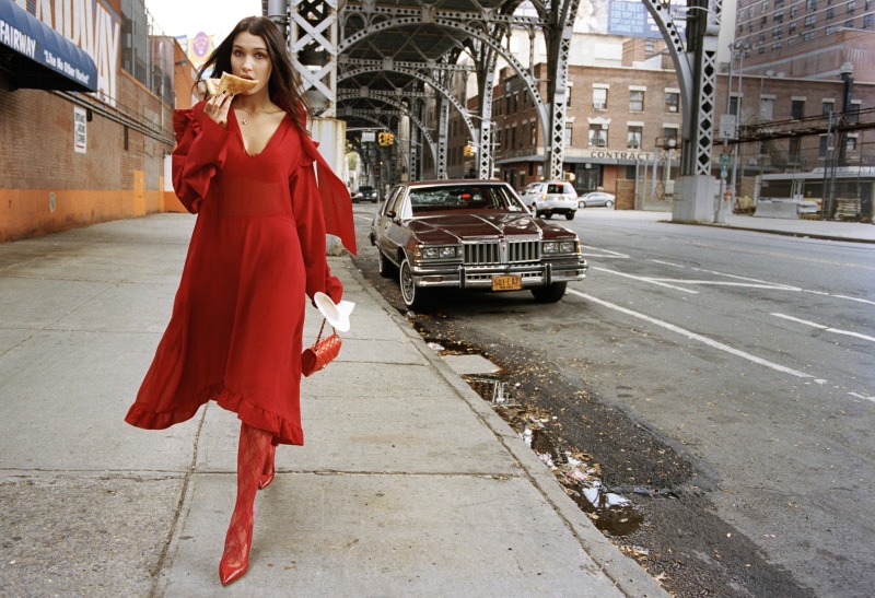 red, young women, road, is, photographer, Dan Martensen, building exterior, dress, one person, It, the sidewalk, machine, Bella Hadid, women, in red, 2K