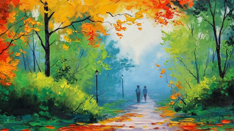 path, painting, trees, fall, Graham Gercken, park, 1080P, street light