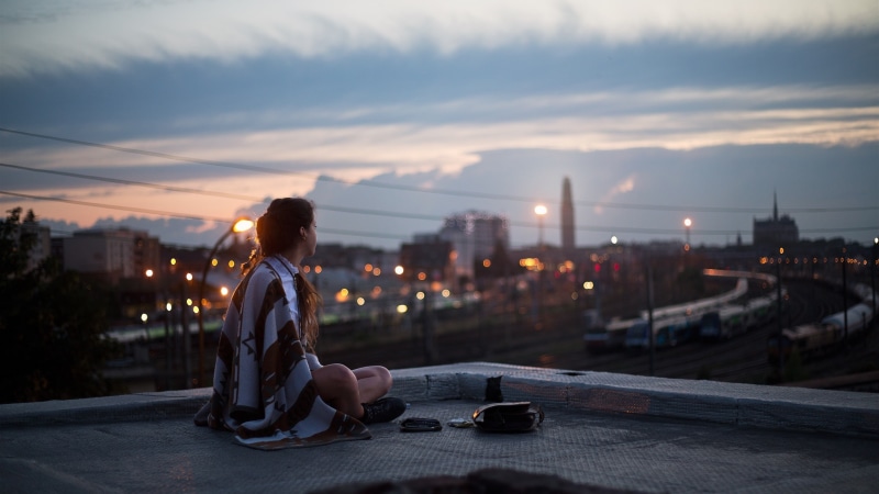 Night, Street, 2K, Sits, Girl, Roof, City, Lights