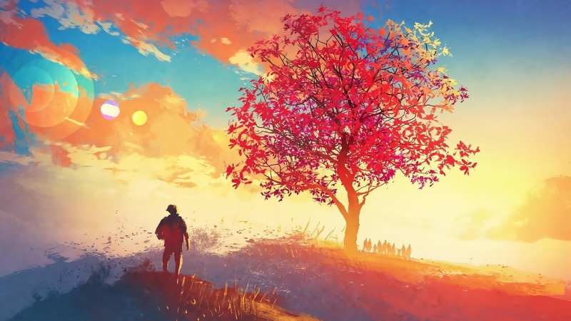 land, summer, real people, mountain, leafed, painting, lens flare, men, people, leisure activity, forest, 1080P, autumn, plant, trees, landscape, travel
