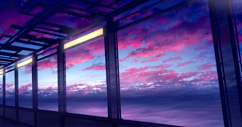 beauty in nature, dusk, water, purple, cloud - sky, reflection, scenics - nature, transparent, sunset, built structure, indoors, anime, window, architecture