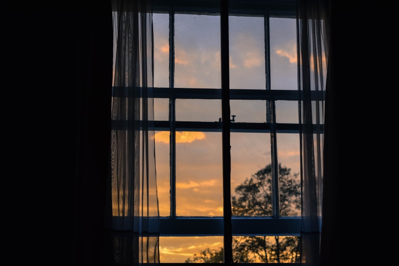 beauty in nature, glass, orange color, blue, hour, curtain, nature, golden, sun, 5K, architecture, windowpane, photo, window, cloud - sky, building, sunset