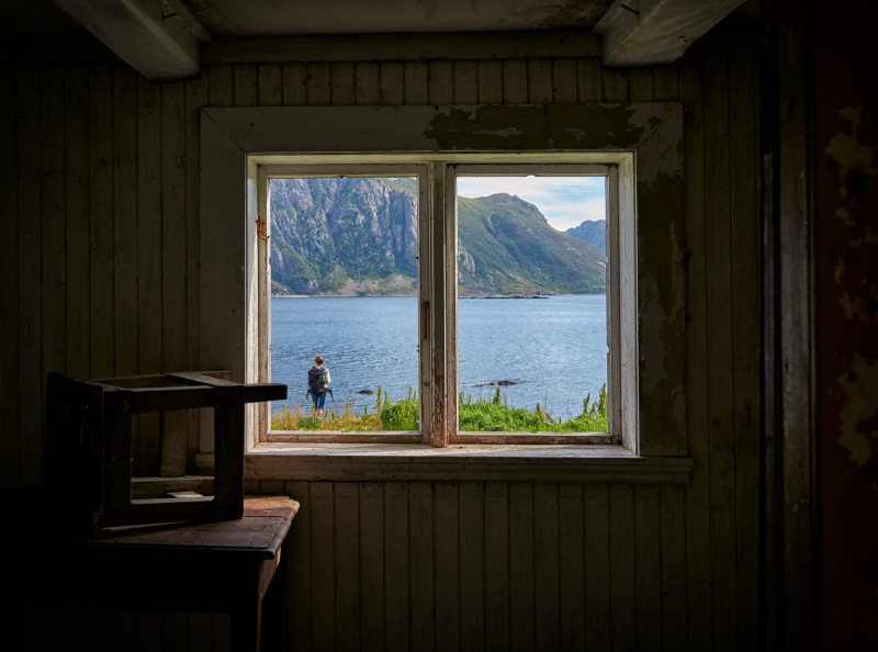 scenics - nature, tranquility, landscape, standing, window view, remote, river, windowpane, day, plant, sea, lake, hidden, 2K, wood - material, transparent