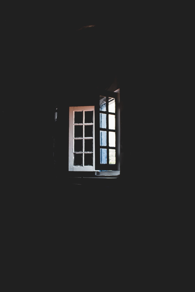 window frame, old, window, white, 5K, low angle view, illuminated, architecture, darkroom, sunlight, contrast, natural light, copy space, wooden, no people