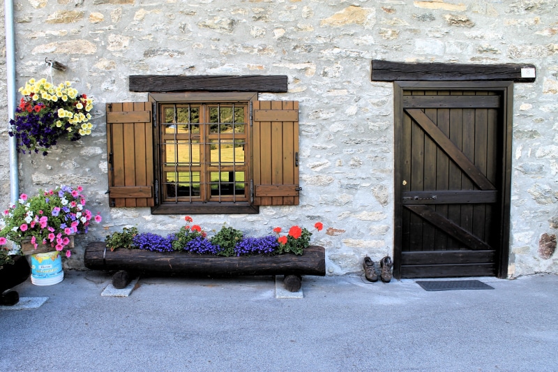 flower, wood, window, door, building exterior, city, gate, plant, wooden, architecture, no people, residential district, house, purple, flowers, brown