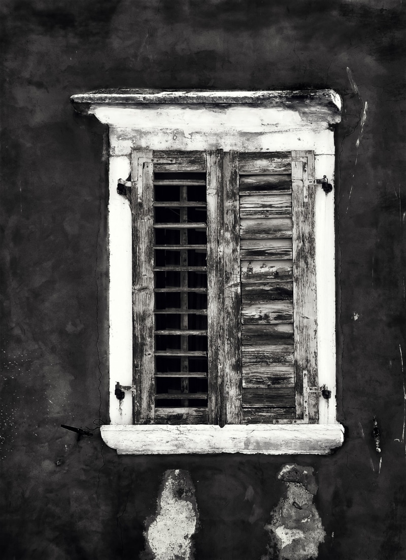 monochrome, venetian blind, blind, grayscale, ruined, connection, decline, wall, light, architecture, contrast, abandoned, worn, building, bad condition