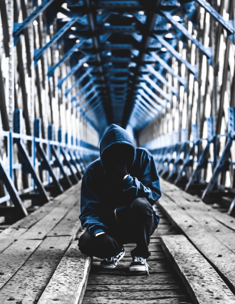 built structure, gangster, bridge, transportation, pants, invisible, sitting, black, crouching, men, rail transportation, architecture, scary, track, footbridge