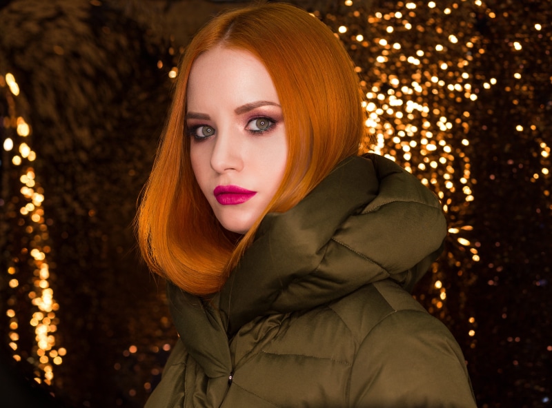 4K, female, person, pomade, redhead, wearing, autumn, people, grown up, one, hood, lady, pink, bokeh, illuminated, beautiful people, looking at camera