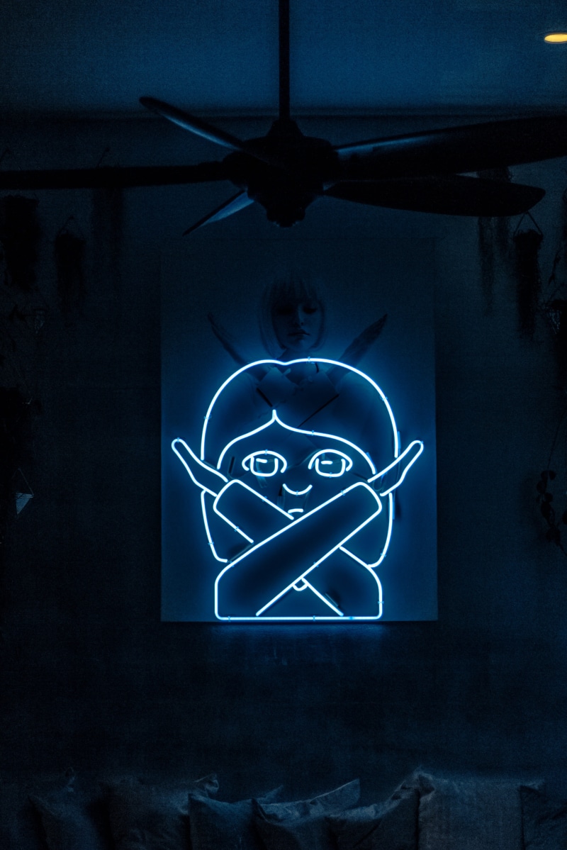 glass - material, wall, urban, ceiling, woman, interior, female, no people, neon, lighting equipment, creativity, black, crossing, 4K, girl, hanging, human representation