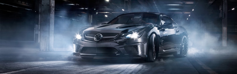 front view, blurred motion, smoke - physical structure, mercedes benz sl65 amg black series car carlsson tuning street night mist multiple display, mode of transportation