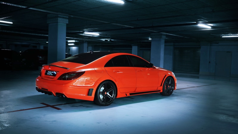 auto repair shop, industry, lighting equipment, garage, car, benz, parking garage, luxury, automobile industry, illuminated, red, stationary, transportation