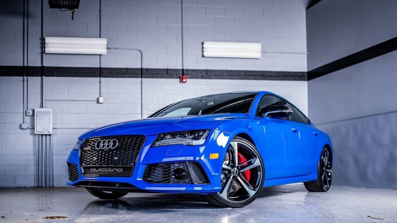 blue, luxury, day, retail, motor vehicle, sports car, land vehicle, stationary, Audi, Audi RS7, 1080P, architecture, garage, auto repair shop, mode of transportation