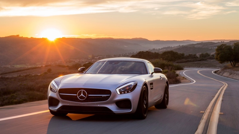 motion, no people, mode of transportation, sun, Mercedes-Benz AMG GT, street, travel, outdoors, mountain, motor vehicle, nature, sunlight, 1080P, sky