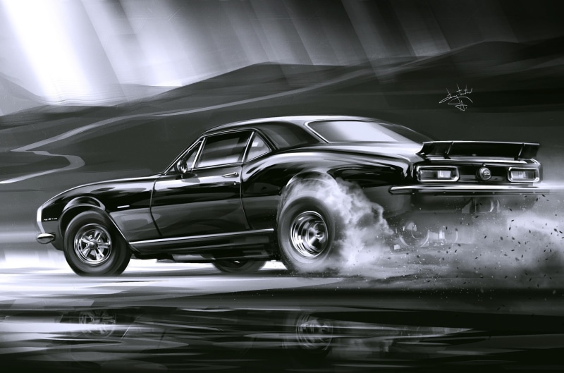 1080P, Alexander Sidelnikov, Smoke, Sketch, Chevrolet Camaro SS 1969, Black, Art, Car