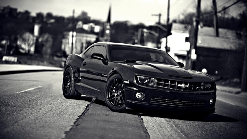 city, car, land vehicle, motor vehicle, stationary, black, architecture, retro styled, day, coupe, Chevrolet Camaro, mode of transportation, muscle cars