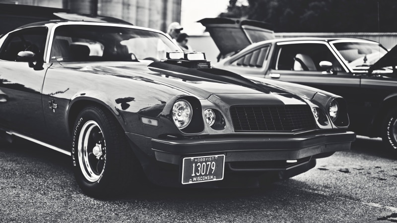 stationary, 1080P, luxury, retro styled, focus on foreground, city, street, vintage car, Chevrolet Camaro Z28, land vehicle, car, transportation, day