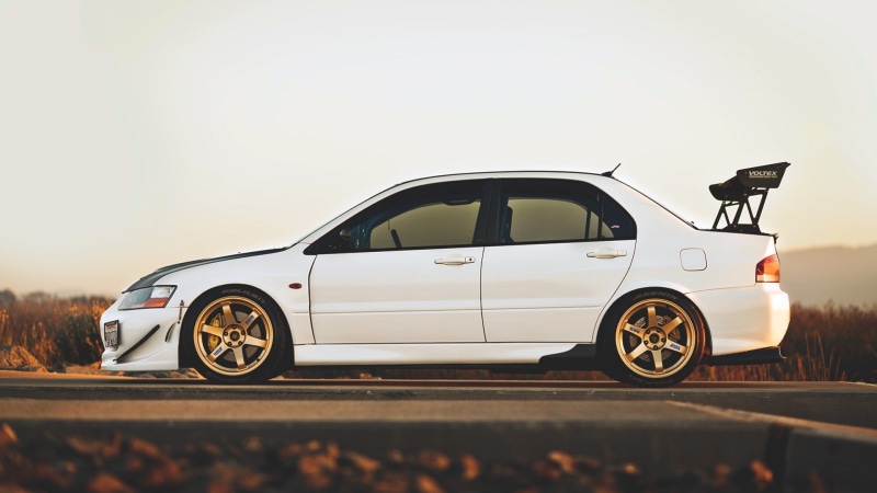 wheel, outdoors, tire, 1080P, retro styled, sky, Mitsubishi Lancer EVO, motor vehicle, land vehicle, sedan, stationary, nature, tuning, white, day, silver colored