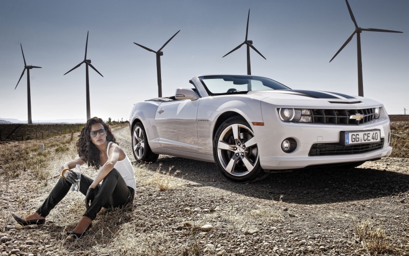 travel, renewable energy, adult, turbine, women with cars, fuel and power generation, environment, mode of transportation, curly hair, young adult, Chevrolet Camaro