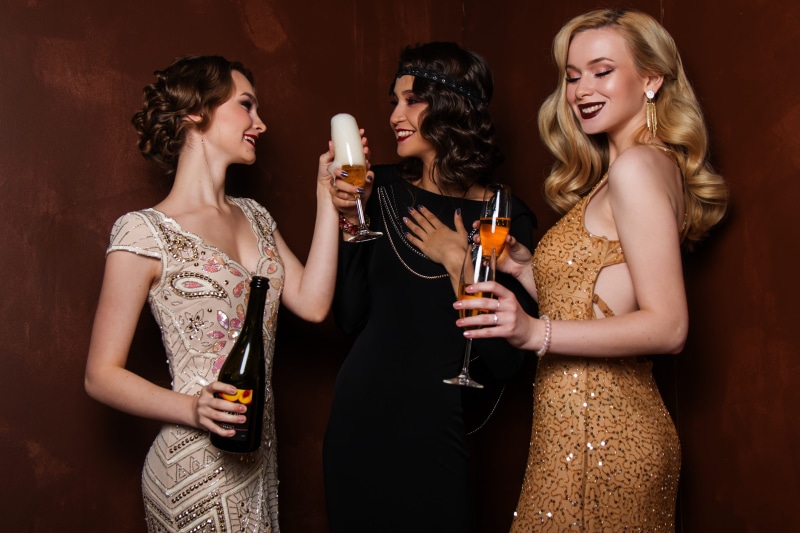 stylish, woman, champagne, holiday, model, happy hour, party - social event, drink, three, vintage, cocktail, camera, blonde, studio, wine, fashion, refreshment