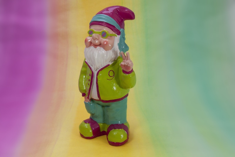green color, Garden, close-up, full length, multi colored, representation, figurine, crazy, flashy, standing, one person, human representation, pink, garden gnome