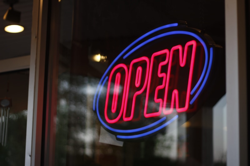 business, open, building exterior, outdoors, window, lighting equipment, built structure, store, glowing, open sign, neon, communication, small business