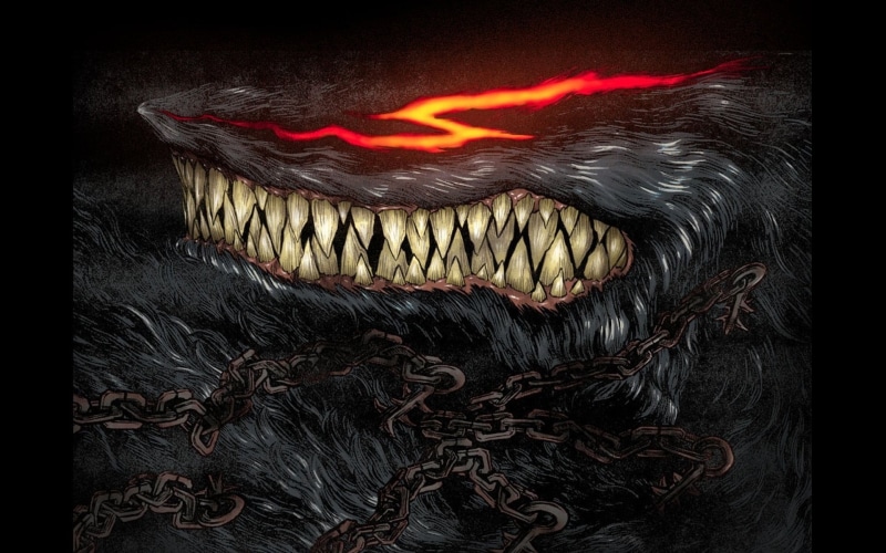horror, chains, indoors, studio shot, no people, animal, black background, Kentaro Miura, animal body part, vertebrate, 1080P, aggression, close-up, artwork