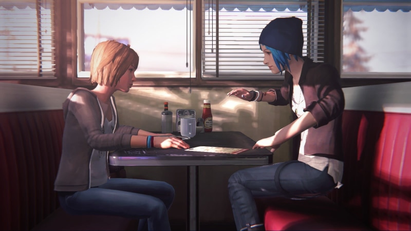 Chloe Price, refreshment, lifestyles, food and drink, adult, Life Is Strange, Two Whales Diner, drinking, Max Caulfield, bonding, table, three quarter length