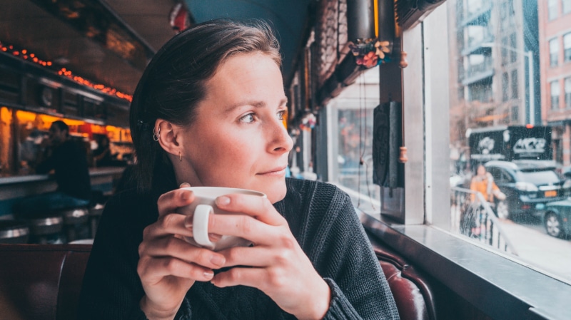 5K, 70s, drink, coffee, women, headshot, cup, coffee cup, one person, coffee - drink, lifestyles, window, real people, beautiful woman, mug, looking, looking away