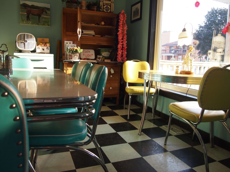 tiled floor, tile, formica, cafe, building, luxury, absence, business, window, architecture, diner, built structure, chair, furniture, empty, no people