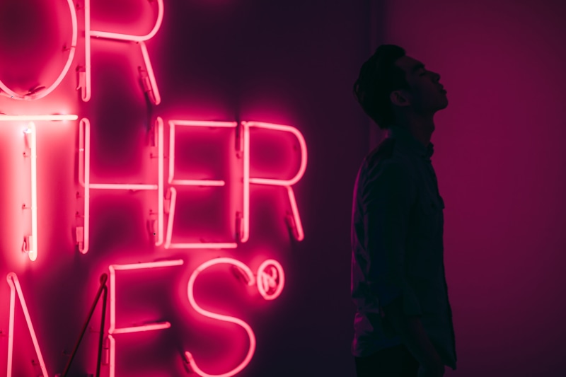 man, 5K, people, concepts, dark, font, portrait, person, red, led, mood, light - Natural Phenomenon, feeling, symbol, city, communication, one Person