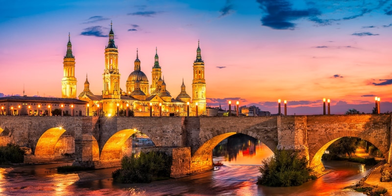 history, europe, HDR Photography, Sunrise, lica, Basílica del Pilar, beautiful, travel, city, urban Scene, illuminated, Bridge, Castle, Water, River, Basilica  del  pilar
