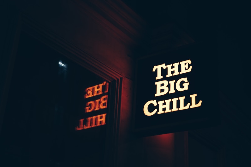 sign, dark, big chill, no people, quote, information, word, metropolis, illuminated, commercial sign, red, architecture, text, city, business, lighting