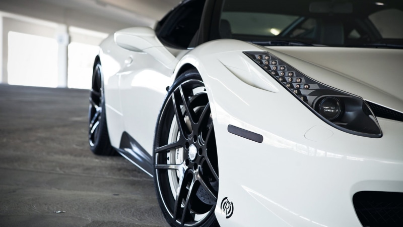 white, stationary, land vehicle, day, reflection, retail, tire, consumerism, motor vehicle, wheel, Ferrari 458 Italia, close-up, showroom, convertible