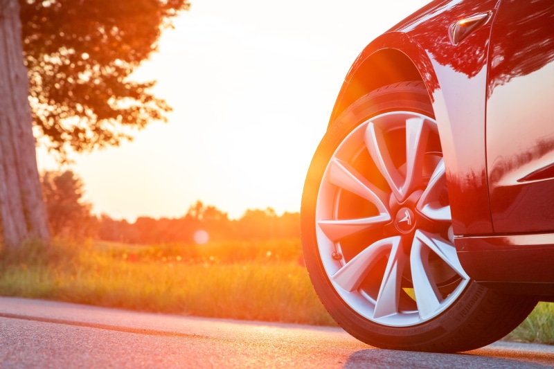 tree, wheel, no people, weapon, food, road, tire, orange color, vehicle, nature, transportation, sky, land vehicle, tesla, motor vehicle, plant, landscape