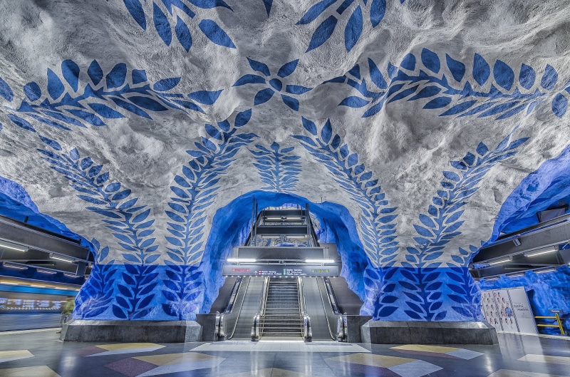 mode of transportation, pattern, tunnel, 500px, modern, ceiling, indoors, subway station, Stockholm, 1080P, transportation, blue, no people, architecture