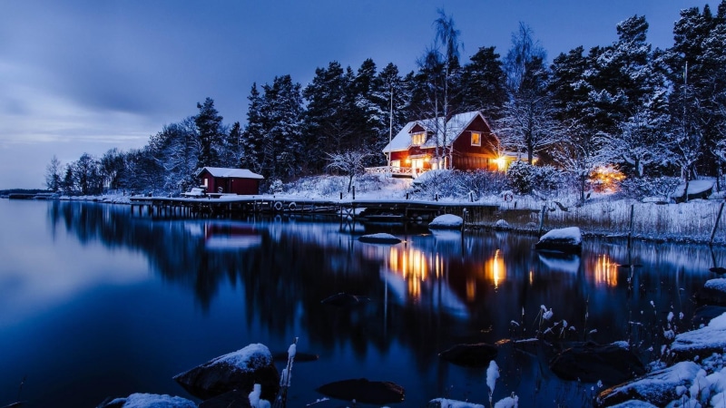 wilderness, lake, winter, europe, sky, blue, sweden, forest, dusk, nature, reflection, house, water, snow, 1080P, evening, tree, landscape, cabin