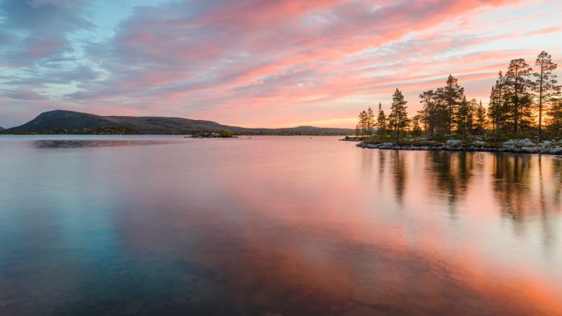 1080P, river, nature, rocks, Dalarna, sunset, clouds, trees, mountains, Sweden, landscape